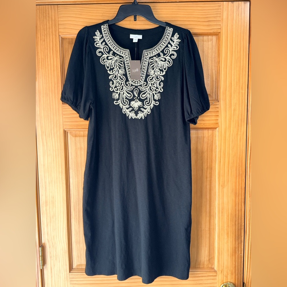 NWT J. Jill Women’s Embroidered, Split Neck, Puff Sleeve w/Pockets Shift Dress-S - Picture 3 of 16